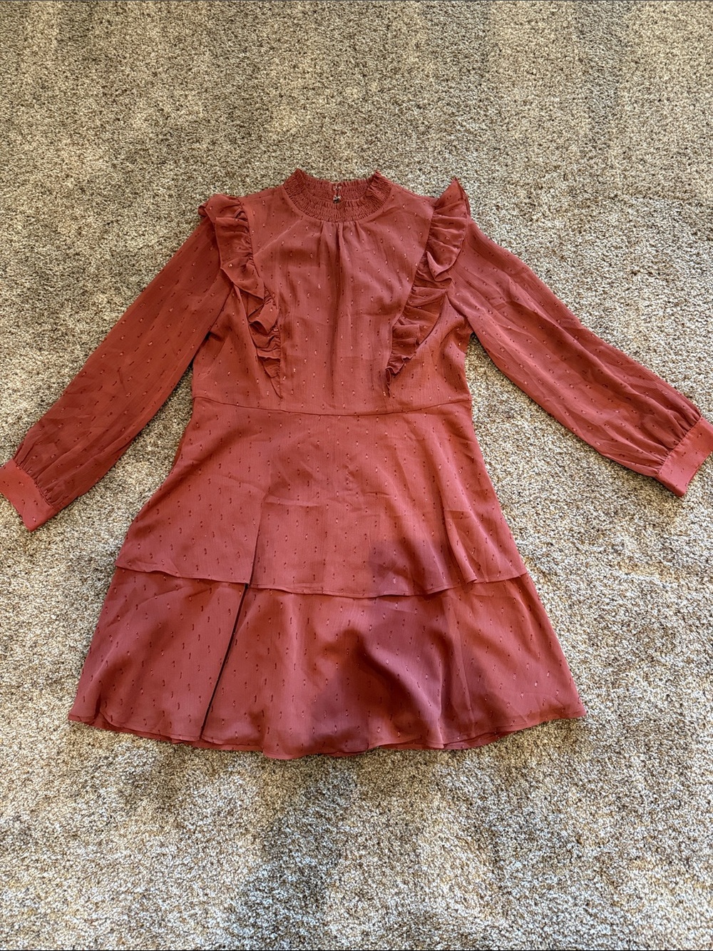 Express Rust Red Ruffled Long-Sleeve Mini Dress